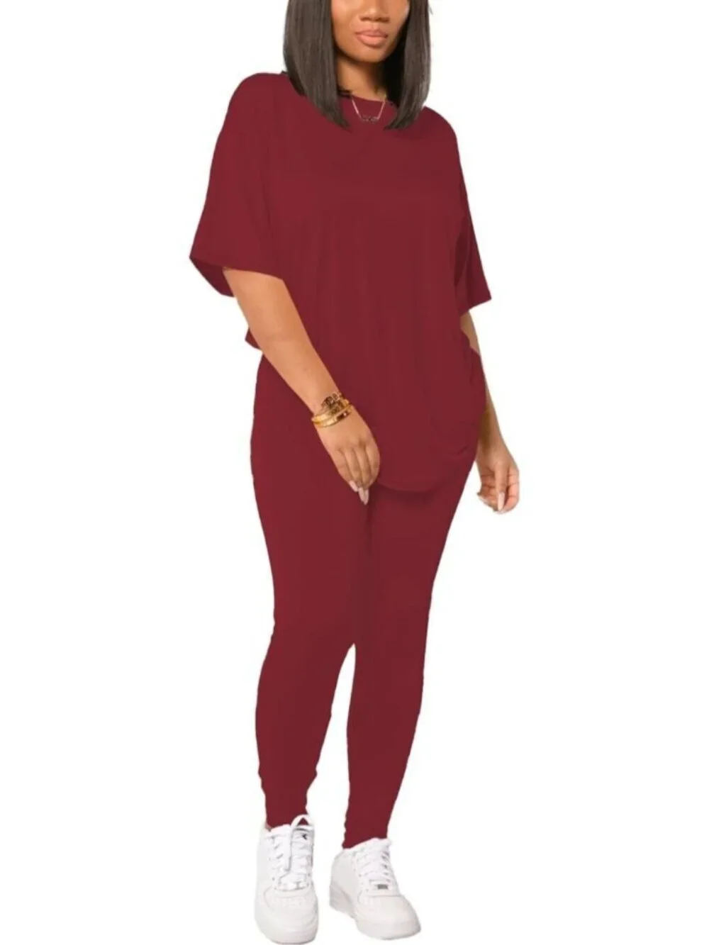 Women's Wine Red 2 Piece Outfits Summer Sweatsuits Drop Shoulder Tracksuits